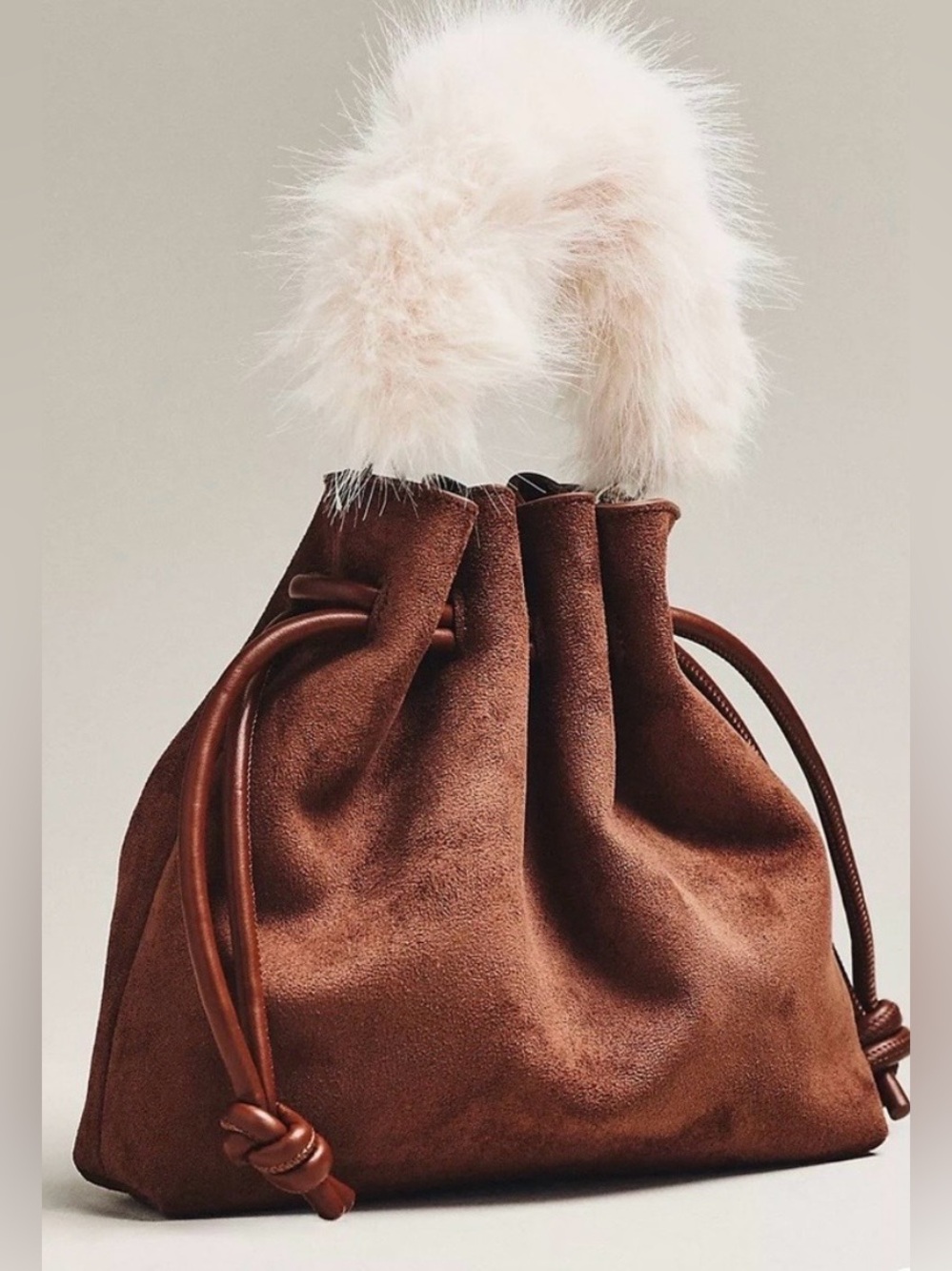 Anthropologie Cinched Suede Faux Fur Bucket Bag